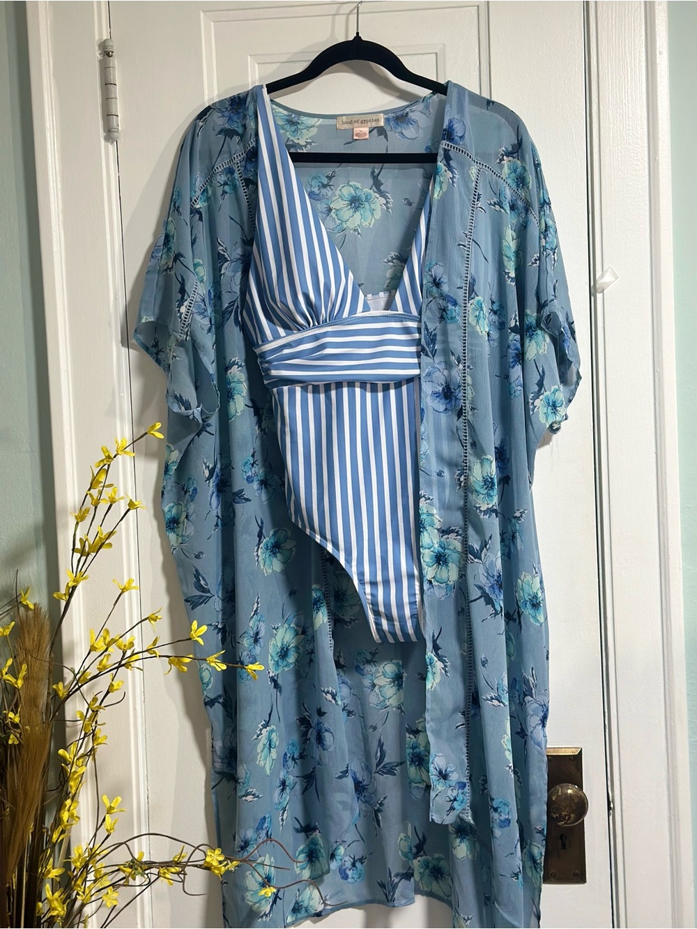 Band of Gypsies Blue Striped One-Piece Swimsuit with Floral Kimono